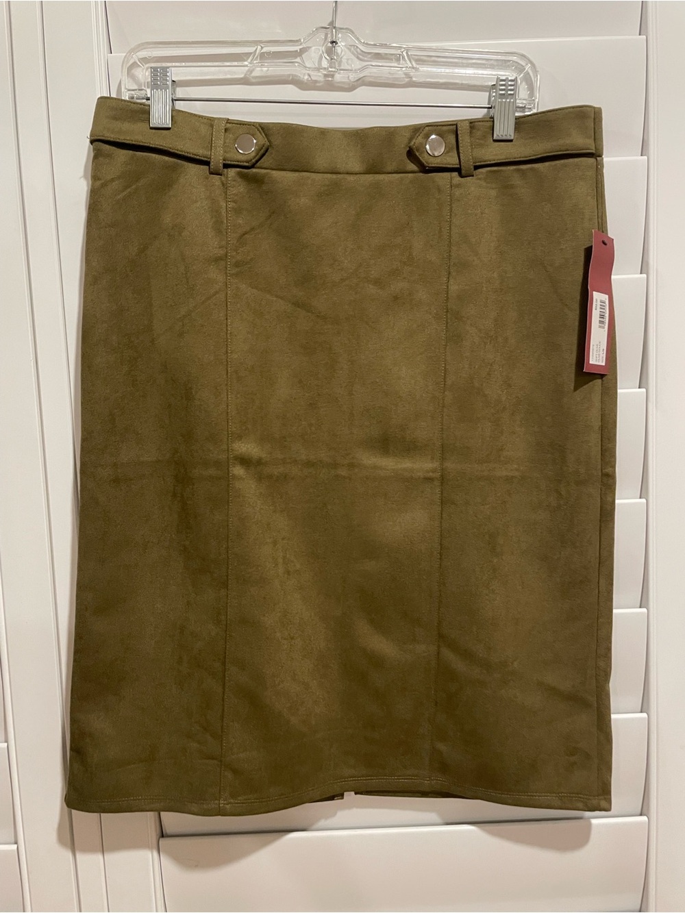Olive Suede-Look Pencil Skirt with Belt Loop Accents